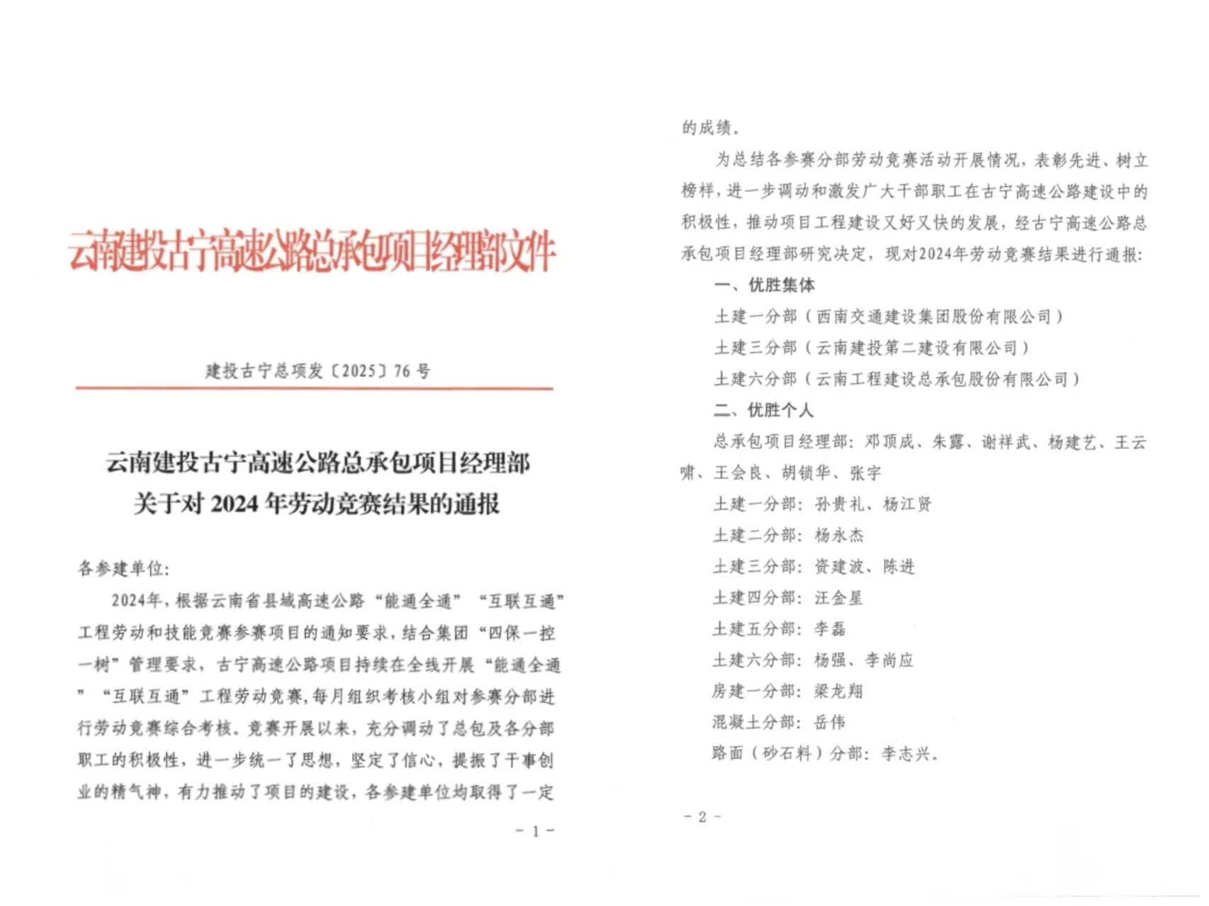 【創(chuàng)先爭優(yōu)】古寧高速公路土建三分部在2024年勞動競賽中斬獲佳績